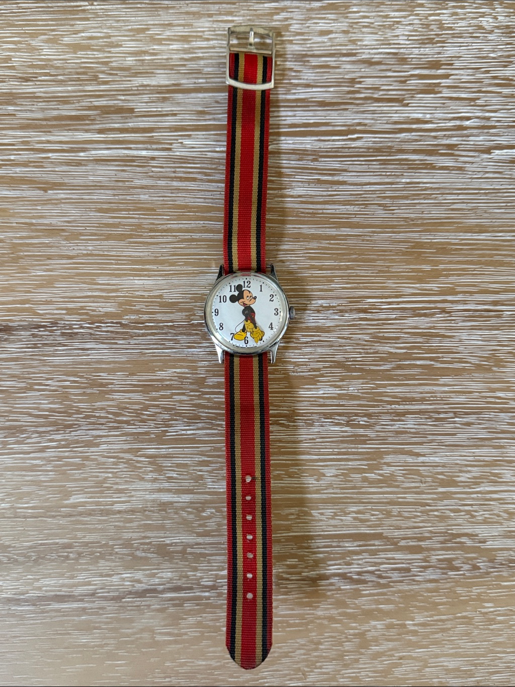 Mickey Mouse Vintage Wristwatch With Red, Yellow & Black Striped Nylon Band